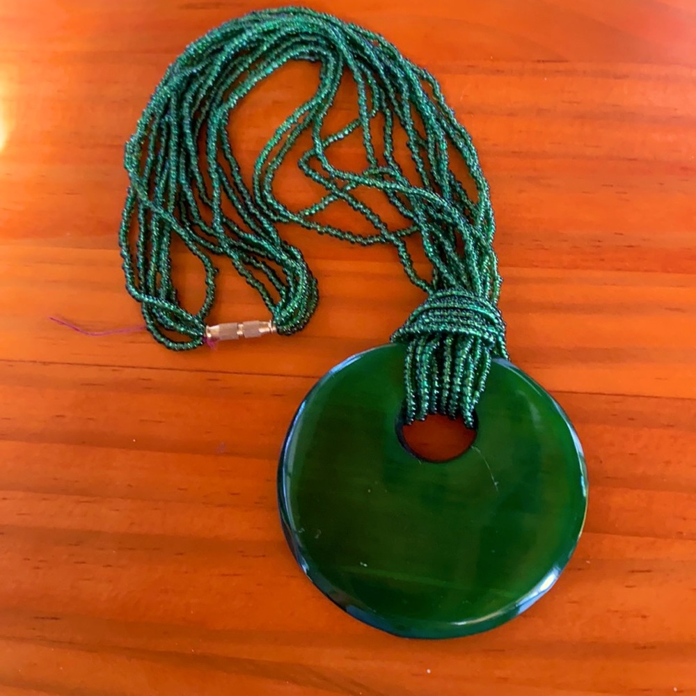 Vintage Multi-strand Beaded Necklace with Bold Statement Pendant - Dark Green
